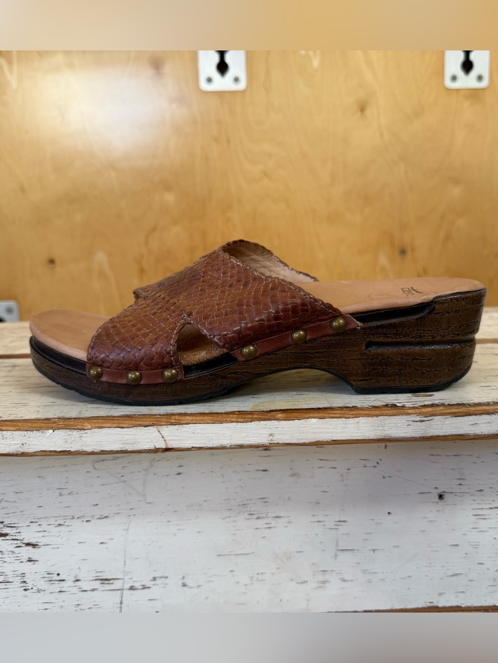Dansko Brown Leather Crossover Slide Mules with Stud Accents
